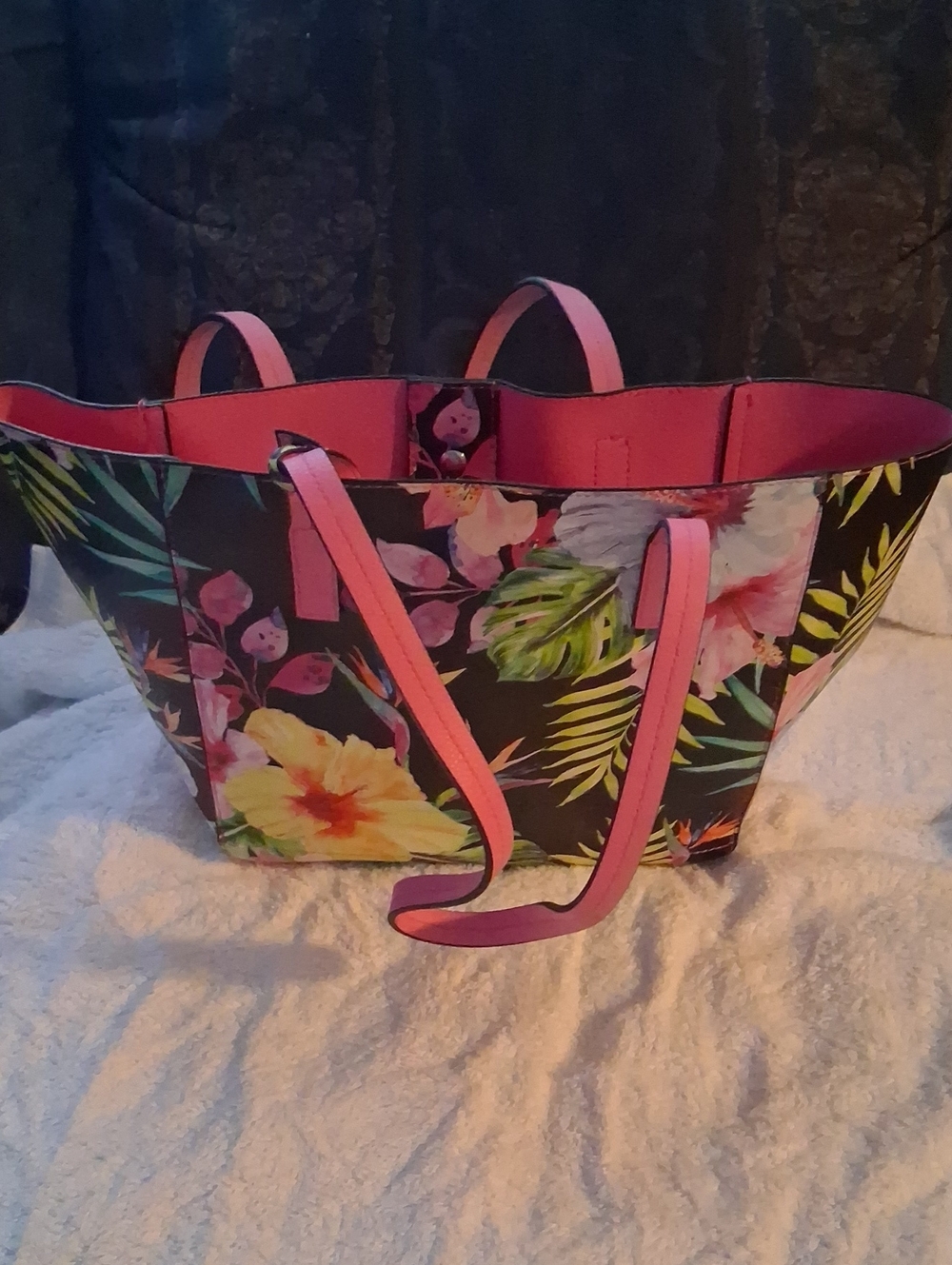 Floral Black Tote with Pink Trim